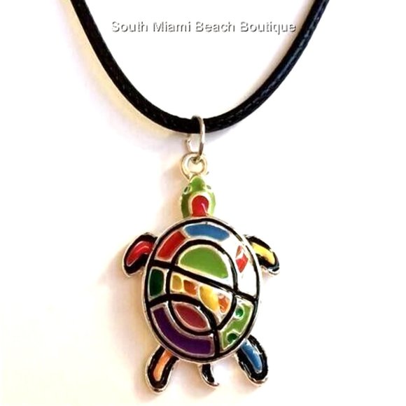 Sea Turtle Necklace Silver Plated Pop Art Multicolor Enamel Nautical Island 18" - Picture 2 of 11